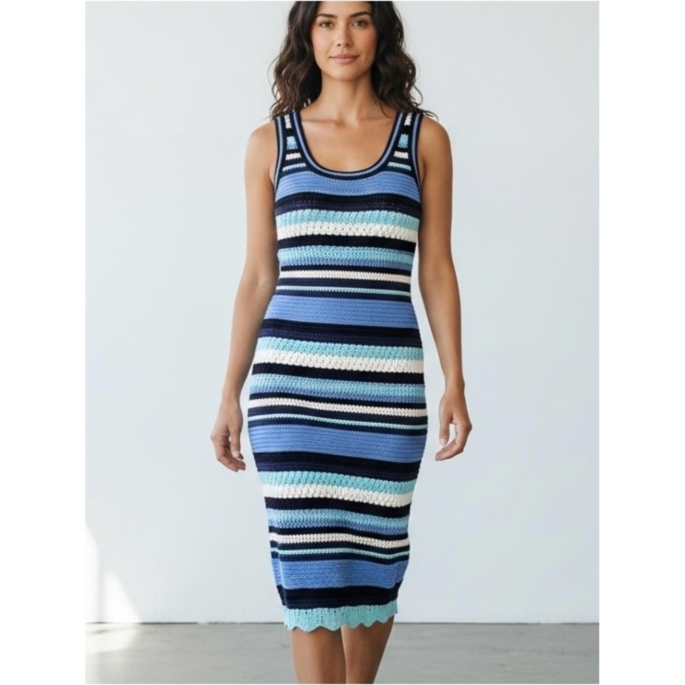 NEW Haute Hippie Blue Striped Knit Crochet‎ Maxi Dress Women's Sz XL
